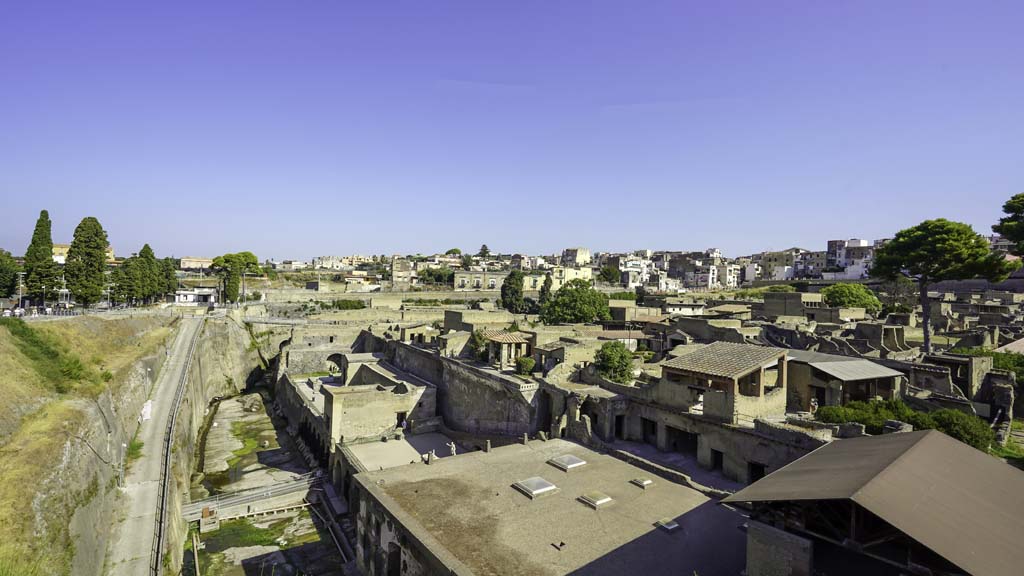Herculaneum, August 2021. Looking west from entrance roadway, above original beachfront. Photo courtesy of Robert Hanson.